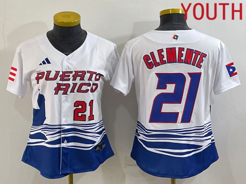 Youth 2023 World Cub Puerto Rico #21 Clemente White MLB Jersey->youth mlb jersey->Youth Jersey
